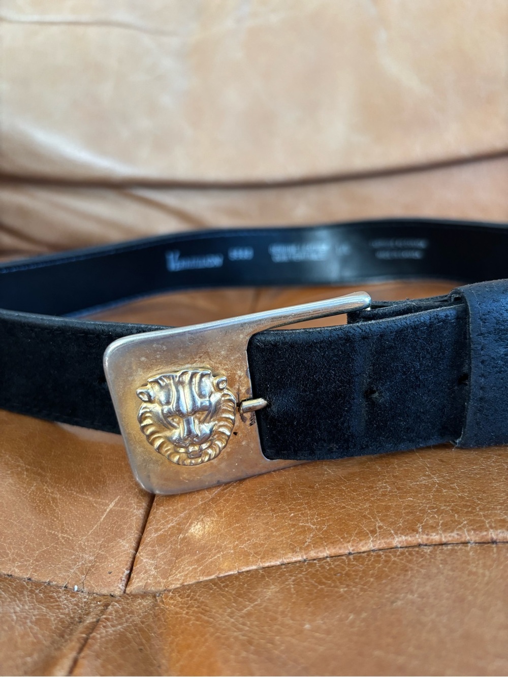Vermillion Black Suede Belt Gold Lion Buckle Made in Canada Old Money Vintage - Picture 4 of 10